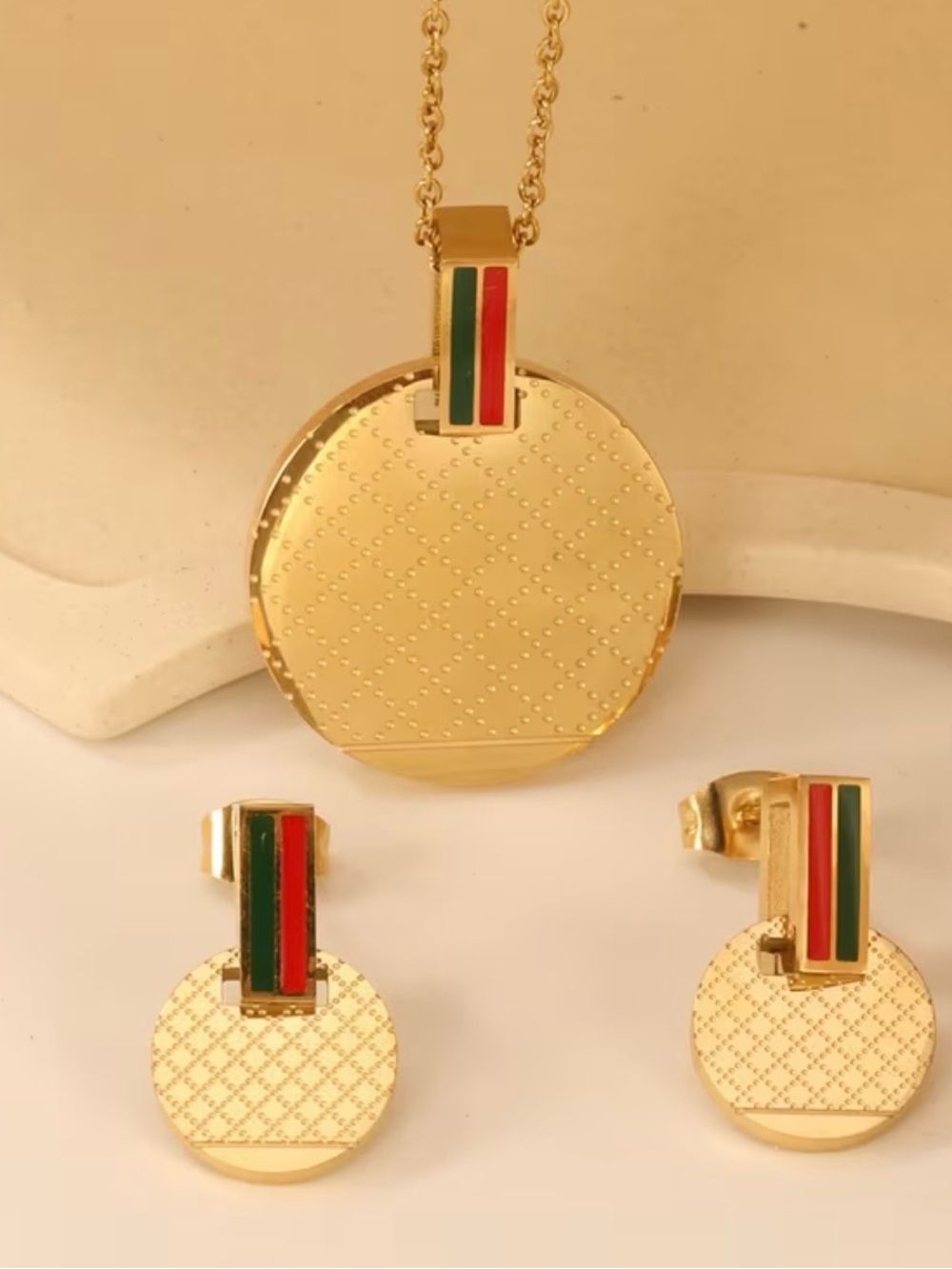 Gold Tone Pendant Necklace and Earring Set with Red & Green Accents